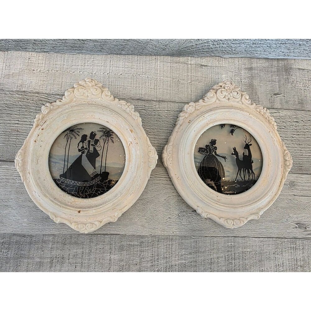 Vintage Oval Convex Reverse Painted Silhouette Wall Art Set Victorian